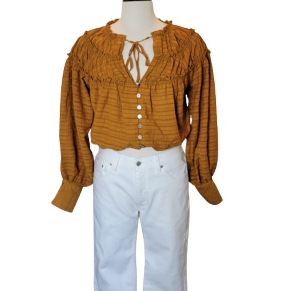 Free People Tops - Free People Hailey Crop L/S Midriff Blouse Carmel Size S NWT